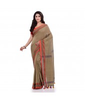 Women`s Traditional Bengali Tant Handloom Cotton Saree Loveria Design With Blouse Piece (Tan Colour)